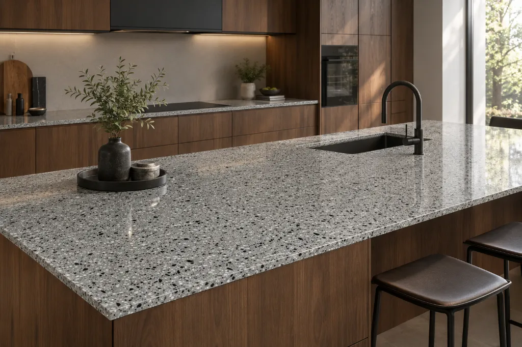 Warm Walnut Terrazzo Kitchen Island.webp