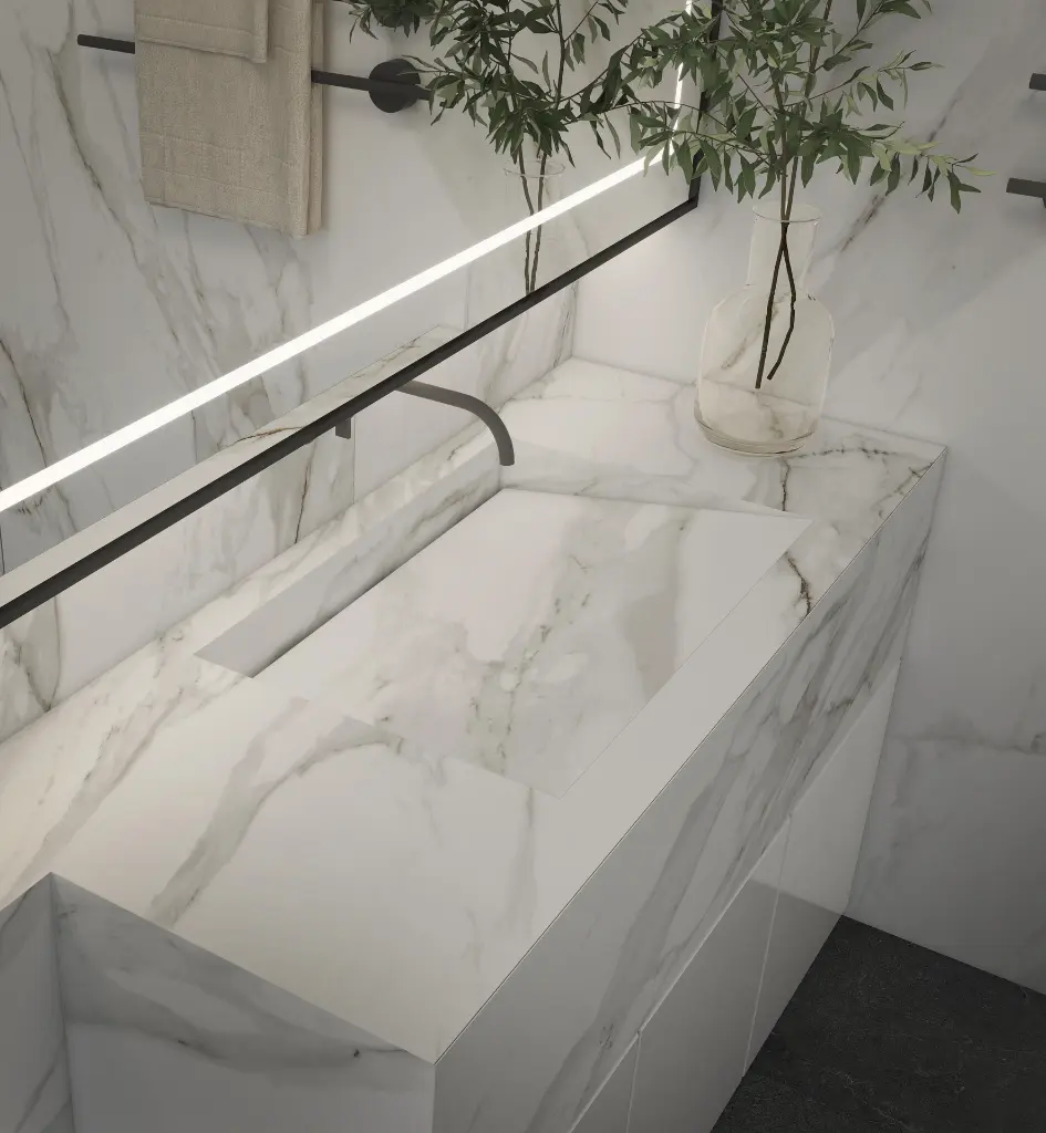 Calacatta Gold surface — Guava Quartz + Stone | Adam Stonetech (view 1)