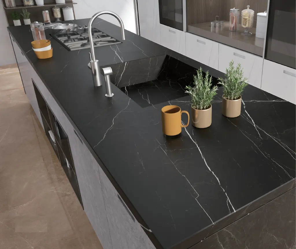 Nero Marquina (big vein) surface — Guava Quartz + Stone | Adam Stonetech